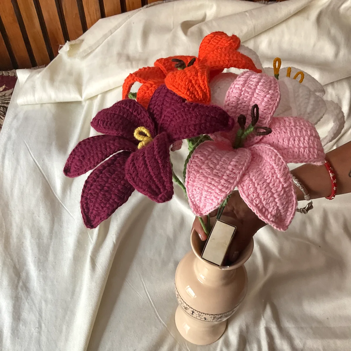 Crochet lilies in a vase
